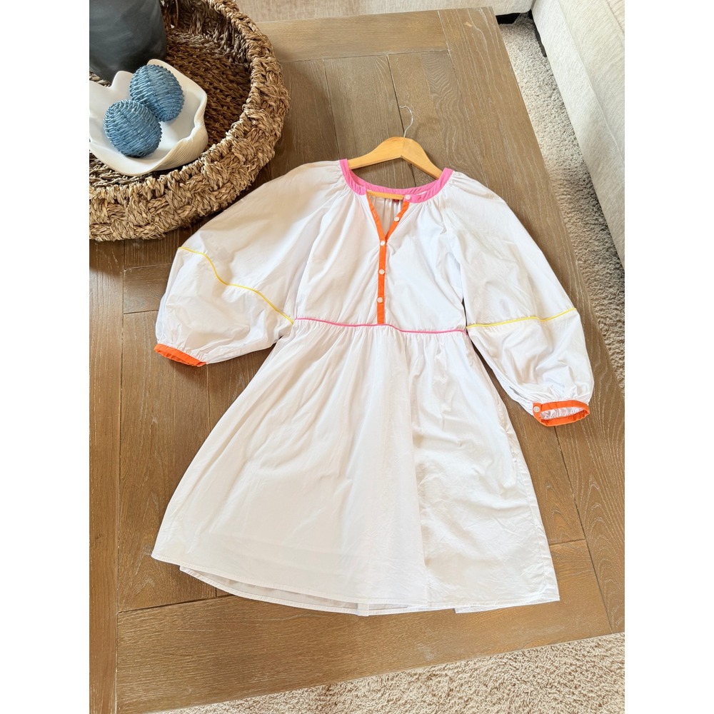 Staud Mini‎ Demi Dress Womens White Multicolor Neon Piping Balloon Sleeve XS